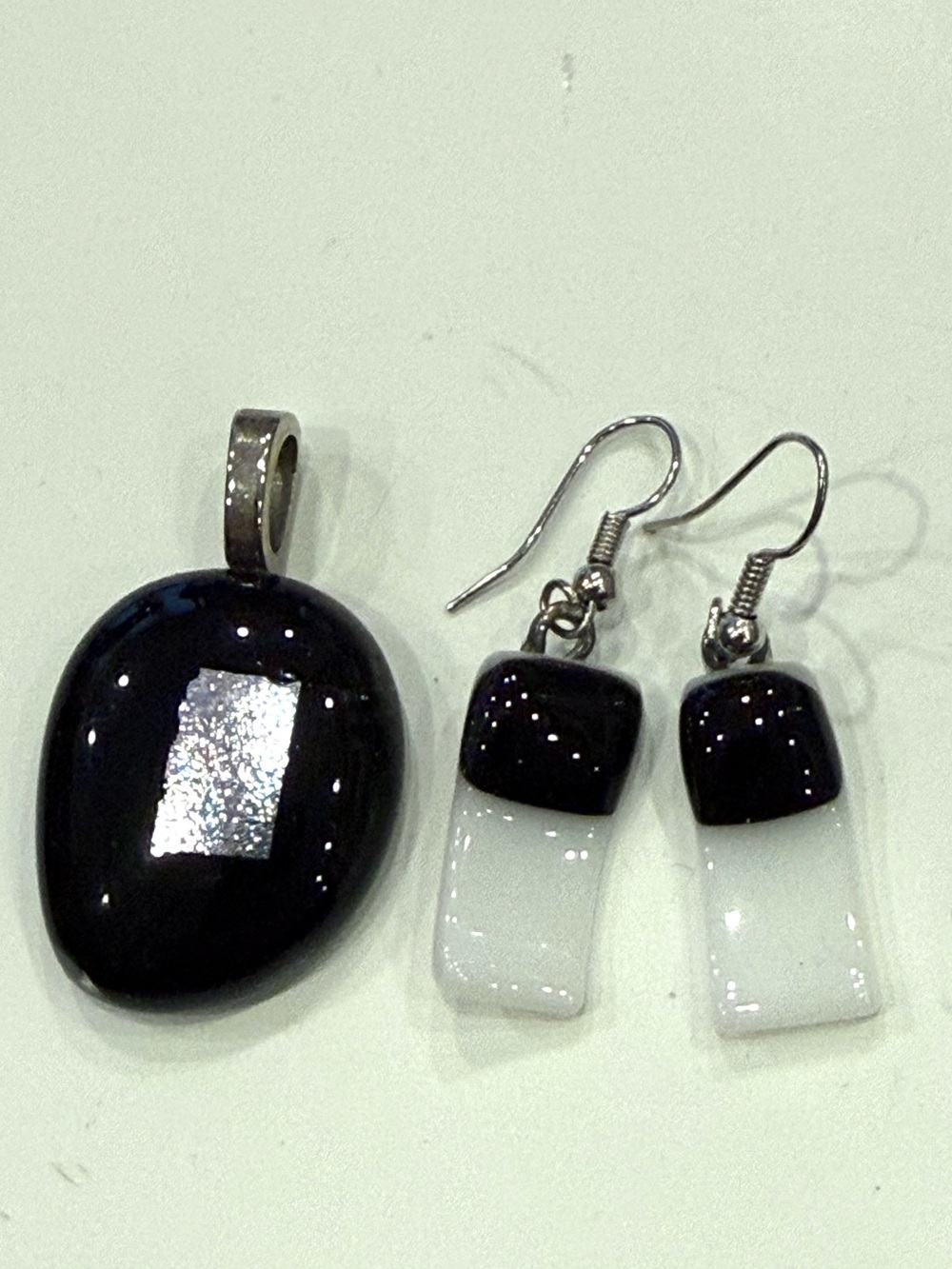 Artisan Fused Glass Pendant Earrings Set Black White Silver Dichroic Handmade